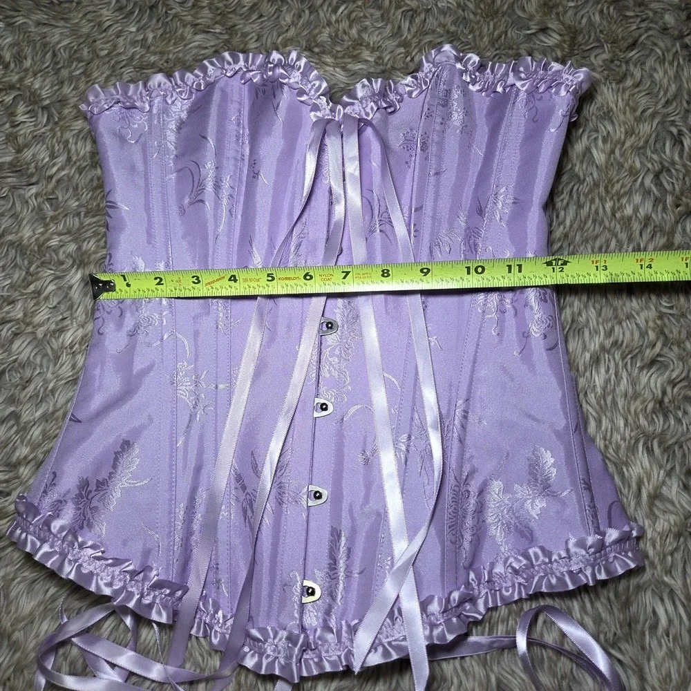 Lavender Satin Corset Top Lace Up Boned Bustier Floral Brocade Strapless Women S